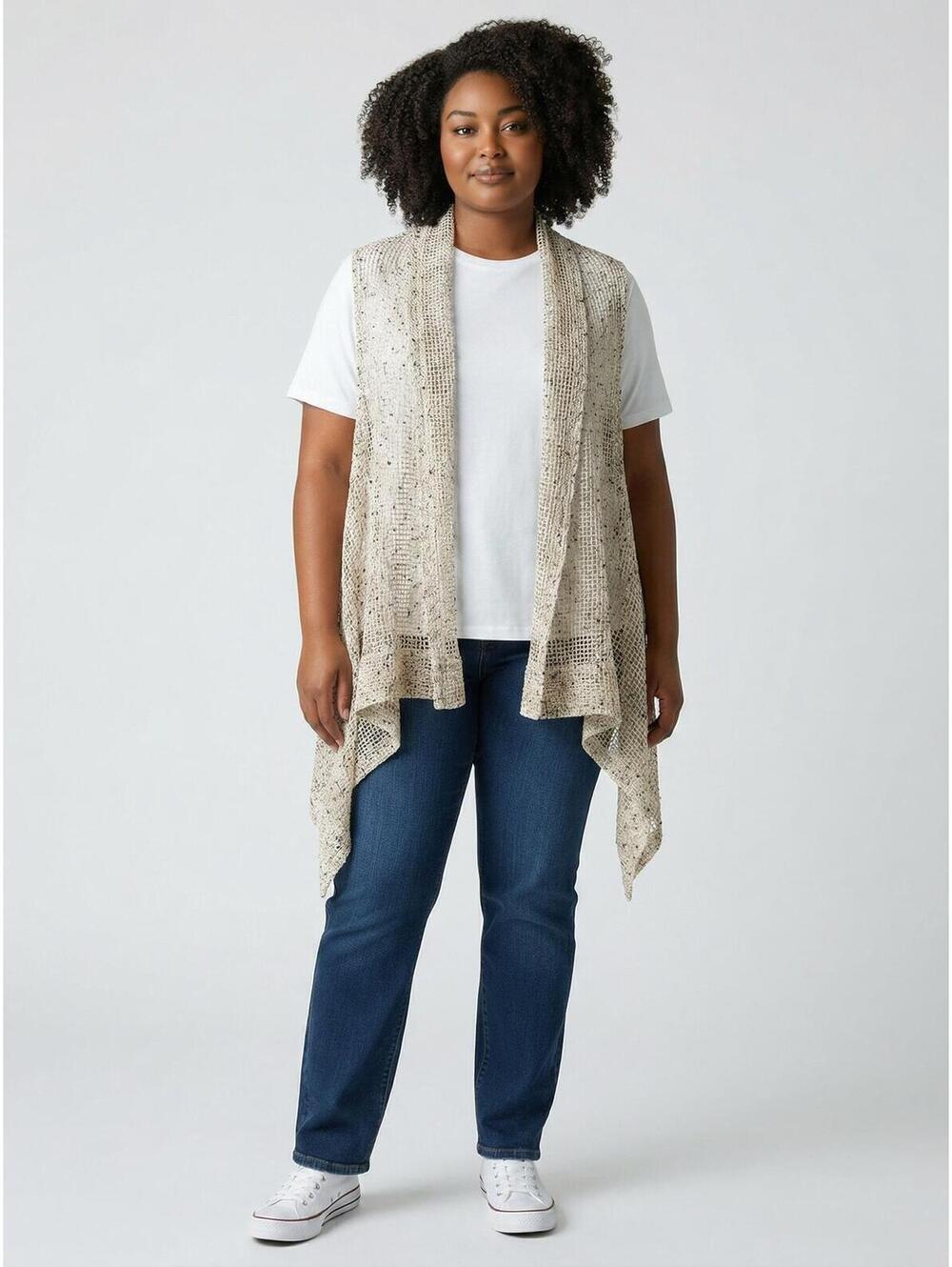 Nouveau Monde NWT Sleeveless Open Weave Cardigan Vest-Size XL-Cream Speckled